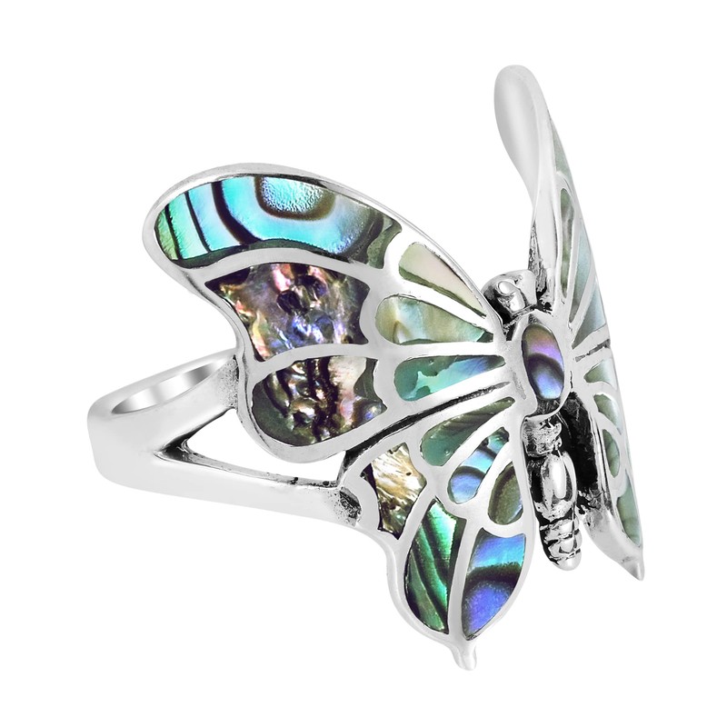 Exotic Graceful Butterfly Abalone Shell Inlay .925 Sterling Silver Ring