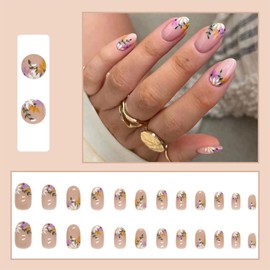 Flower Almond False Nails Short Oval, Short Almond Acrylic Nails Full Cover Stick on Nails, Fresh and Lovely Flower Design Press on Nail for Women Girls Manicure Decoration