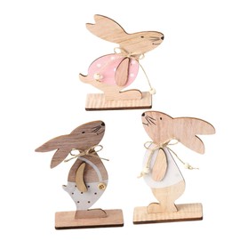 Ipetboom 3pcs Wooden Easter Bunny Decorations Cartoon Style Rustic Rabbit Ornaments for Table Centerpiece Home Party Indoor Outdoor Display