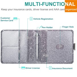 YAVIV Car Registration and Insurance Holder, Premium Leather Car Document Organizer Cool Car Accessories for Cards, Essential Document and Driver License, Gray Glitter
