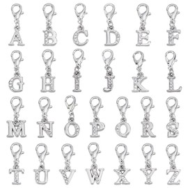 WEBEEDY 26 Styles Crystal Letters Charms Small A-Z Letters Clip on Charms Pendant Badge Reel Charms with Lobster Clasps for DIY Jewelry Making Purse Bracelets Keychains Handbag Zipper Stitch Marker