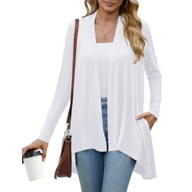 Women's Casual Long Sleeve Shrug Cardigan Open Front Lightweight Drape Cardigans with Pockets (US M(8-10), White)