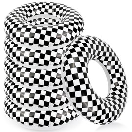 6Pack 24Inch Inflatable Checkered Pool Floats - Racing Car Party Theme Pool Tubes for Kid - Durable Swim Rings for Pool Parties (6Pack White+Black)