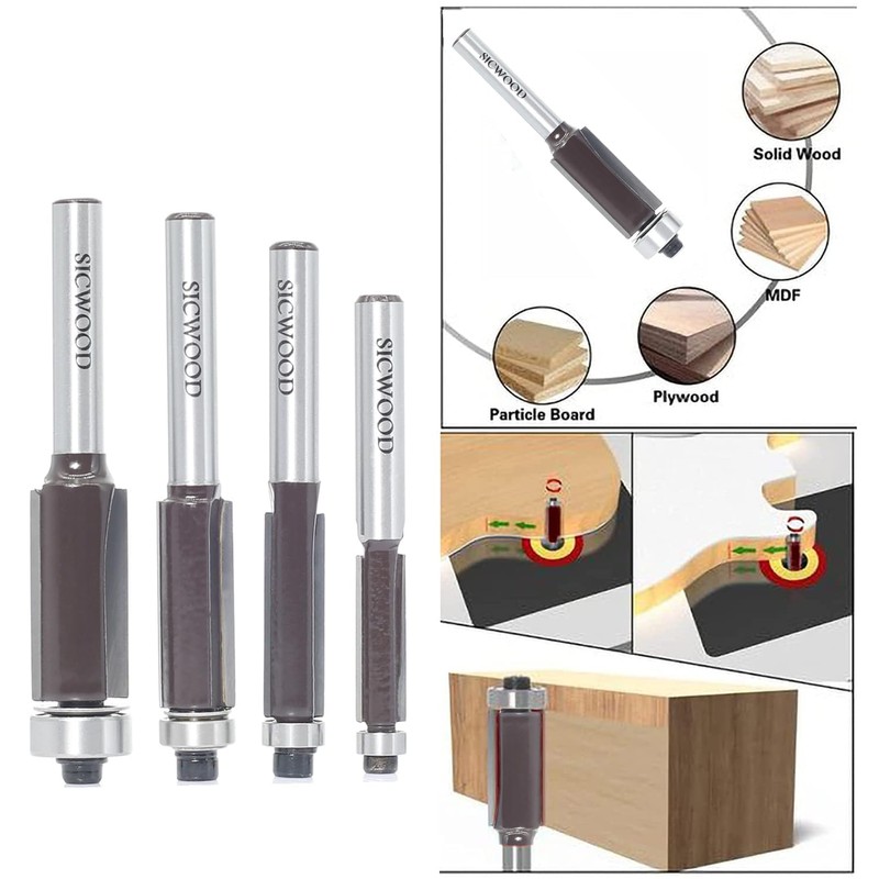 4pcs Flush Trim Router Bit 1/4 Inch Shank, Top Bearing