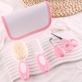 Baby Grooming Kit with Storage Pouch Baby Brush Soft Bristles 5 pcs-Infant Brush, Rounded Comb, Safety Scissors, Nail Clippers & Emery Board -Health Care Kit for Newborns & Toddlers Pink