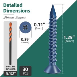 EASTPUK 30Pcs 3/16 x 1-1/4" Concrete Screws Anchors with Drill Bit, Flat Head Concrete Masonry Screws for Masonry, Block, Brick Stucco, Blue Coated Cement Screw
