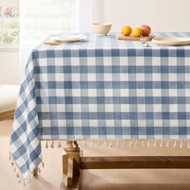 Softalker Spring Checkered Tablecloth Rectangle, Heavy Weight Cotton Gingham Boho Table Cloth with Tassel, Wrinkle Free Buffalo Plaid Table Cover for Dining/Party/Outdoor - 55 x 70 Inch, Blue