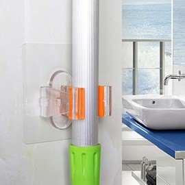 Premium 4 Pack Mop Holder Mop Clip Broom Holder Wall Mount Waterproof Self Adhesive for Home Kitchen Bathroom Super Easy Installation - Clear Color