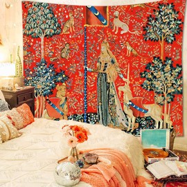 FEASRT European Royal Tapestry Medieval Lady Tapestry Lady and Unicorn Tapestry Animal Print Decorative Tapestry Wall Hanging for 80x60 inches Living Room Dorm Decor GTQQAY1209