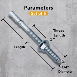 Party Animals 1/4 x 2 Inch Wedge Anchor, 5 PCs Zinc-Plated Industrial Anchor Bolts for Cement, Concrete