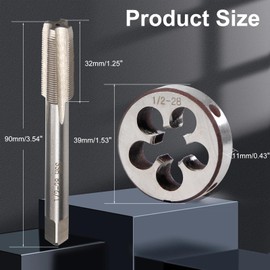 YUEARN 1/2"-28 UNEF Tap and Die Set, 1/2 x 28 HSS Machine Tap Die Set Right Hand Tap and Round Thread Die