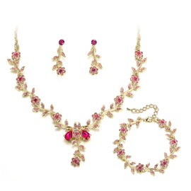 BriLove Women's Wedding Jewellery Set Leaf Cluster Flower Crystal Dangle Earrings Pendant Necklace Link Bracelet for Bridal Bride Guest Dresses Pink Gold-Tone