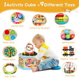 Wooden Activity Cube 9-in-1 Montessori Toys for 1+ Year Old Boys Girls Educational Learning Toys for Toddlers Age 1-2 One Year Old First Birthday Gift Bead Maze Magnetic Trains Track Shape Sorter