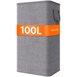 Lifewit 100L Large Tall Laundry Hamper, Collapsible Laundry Basket with Handles, Foldable Clothes Hampers for Laundry, Portable Dirty Clothes Hamper for Dorm College Badrom Bathroom, Light Gray