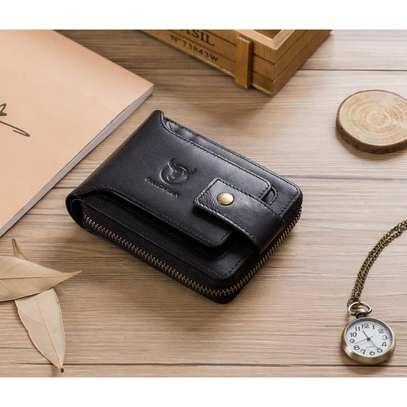 BULLCAPTAIN Mens Genuine Leather Zipper Wallet RFID Blocking Bifold Zip