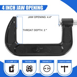 8 Pcs C Clamp 4 Inch Heavy Duty Steel C Clamp Set Cast Iron Frame Sliding T-Handle More Stability Massive Clamps for Woodworking, Welding, Building, Automotive Applications (Black)