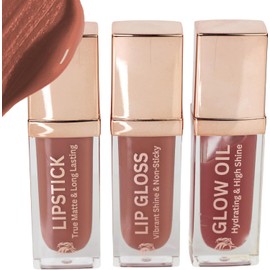 Trío de labios: lápiz labial mate de larga duración a prueba de manchas, brillo de labios vibrante y aceite de labios hidratante; aceite de jojoba; vitamina E; regalo navideño; set de cuidado y
