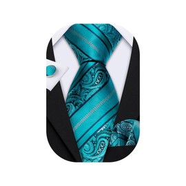 Barry.Wang Silk Neckties Teal Green Ties for Men Set with Hanky Cufflinks Woven