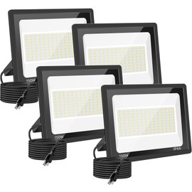 Gopretty 4 Pack 150W LED Flood Light Outdoor, 18000Lm Super Brighter Security Lights, IP66 Waterproof Work Light with Plug, 6000K Daylight White Exterior Floodlight for Yard Garden Garage Stadium