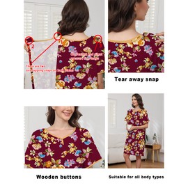 Liokoc Hospital Gowns for Women Open Back Tear Away Snap Post Shoulder Surgery Short Sleeve Soft Cotton Adaptive Clothing