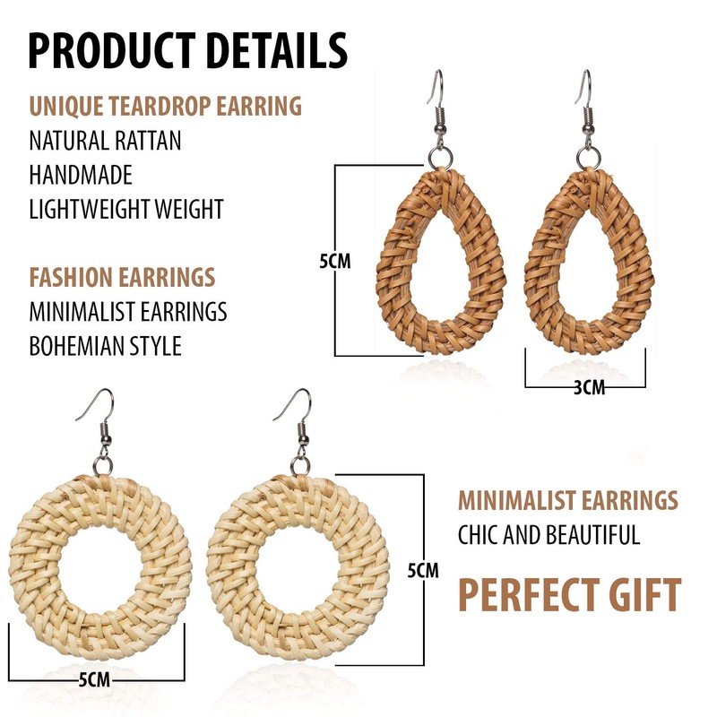 Rattan Earrings Hoops For Women Large Woven Handmade Straw DIY