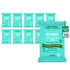 Zoviro Hand Sanitizer Wipes, Moisturizing With Tea Tree Essential Oil, Ultra-Soft 100% Viscose, Hand Wipes Travel Size, Tea Tree Scent, 20 Count (Pack of 10)