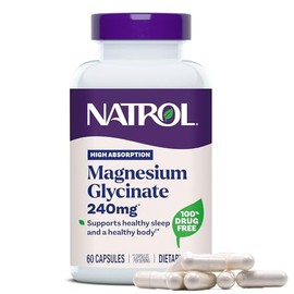 Natrol Suplementos de Glicinato de Magnesio 240 mg - Alta Absorción - Glicinato de Magnesio Tranquilizante para el Sueño - 60 Cápsulas, Suministro par