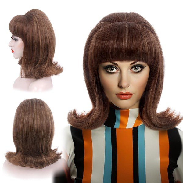 REEWES Brown 60s Retro Beehive Wigs for Women 70s Classic Style Cosplay Wig with Bang for Party, Halloween, Costume, Cosplay (Brown Highlight)