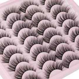 JIMIRE False Eyelashes Wispy Cat Eye 3D Fluttery Faux Mink Lashes Thin 16 Pairs Pack Handmade Fluffy Lashes for Soft Natural Look