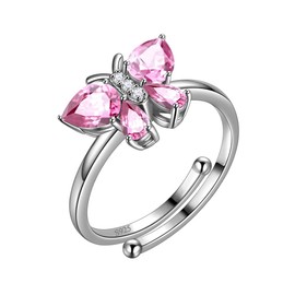Pink Butterfly Rings Women 925 Sterling Silver Animal Butterflies October Birthstone Tourmaline Band Adjustable Ring Crystal Wedding Birthday Jewelry DR0122O