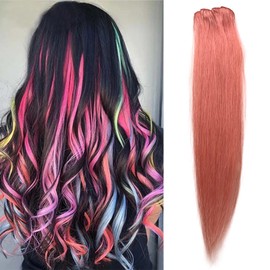 Belaved Colored Hair Extensions Straight Hairpiece 16inch 2 Pcs Pink Colorful Clip in Hair Extensions Long Straight 100% Natural Human Hair Clip in Hairpieces for Women Girls Daily Party Cosplay