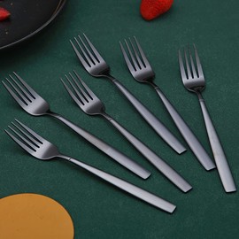 Black Dinner Forks 6 Pieces, Kyraton Titanium Gold Plated Stainless Steel 19.5cm Table Forks Cutlery Forks Set, Silverware Set, Dishwasher Safe.