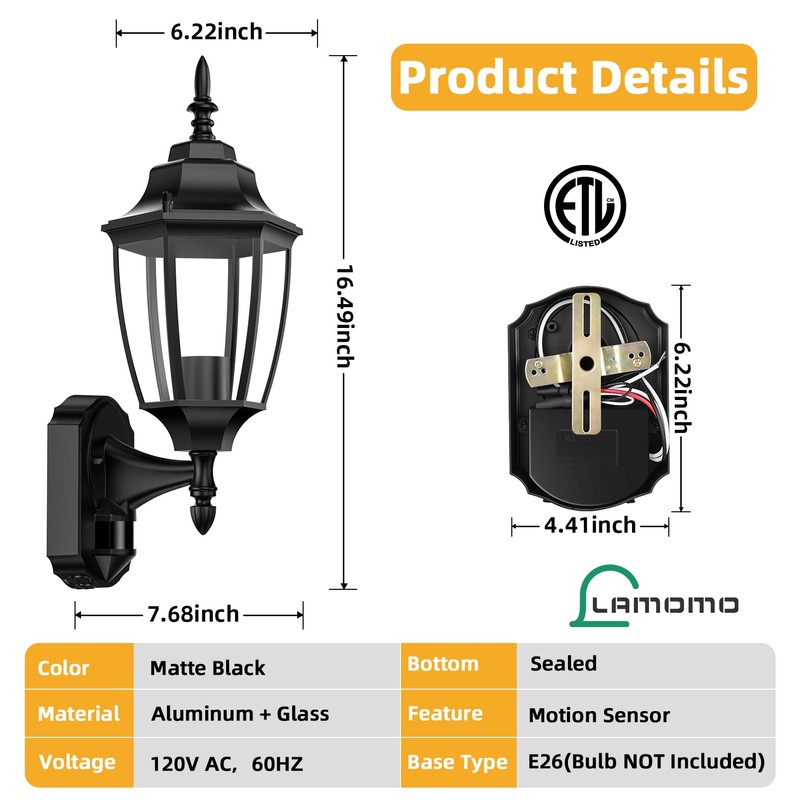 Lamomo Outdoor Wall Sconce, 2 Pack Dusk to Dawn Motion