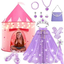 Summer Spring Mother's Day Gift  15Pcs Princess Castle Play Tent Dress Up with LED Glow in The Dark Stars for Little Girls －Princess Dress Up Cape with Crown ,Girl Play Tent/House Toy for Indoor & Outdoor Use (Yellow) - Color: Purple