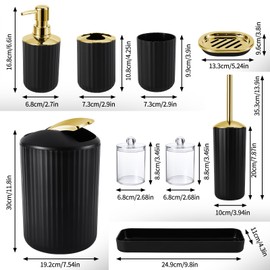XLHOMO 9PCS Black and Gold Bathroom Accessories Set Complete with Trash Can, Vanity Tray, Soap Dispenser, Soap Dish, Toothbrush Holder, Toothbrush Cup, Toilet Brush and Qtip Holders