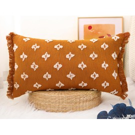 DRNOU Boho Long Lumbar Pillow Cover 16x26 with Tassel,3D Flower Patterned Cotton Decorative Long Lumbar Pillow Cover Pillow Case for Sofa Couch Bed Livingroom Farmhouse,Rust Red