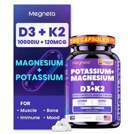 Magnesium Glycinate Potassium with Vitamin D3 10000 IU K2 MK-7, High-Potency Synergistic Complex for Bone, Immune Health, Mood Balance & Energy Support, 180 Capsules