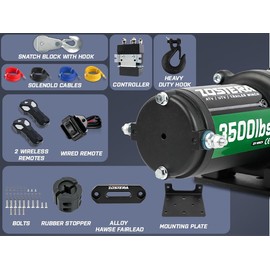 Zostera 3500lbs ATV/UTV Winch with Synthetic Rope, Electric Boat Trailer Winch 12V, Waterproof Winch with 2 Wireless Remotes &Wired Switch,with Mounting Plate,Pulley,Rope Damper,Aluminium Fairlead