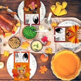 Thanksgiving Cutlery Holder Paper Bag Pockets for Thanksgiving Table Decor Autumn Fall Harvest Party Favor Supply Table Decoration,6 Pack