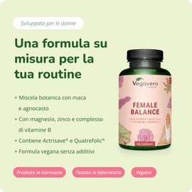 Vegavero FEMALE BALANCE | 180 capsule | per Squilibrio Ormonale con Agnocasto, Maca, Magnesio, Acido Folico, Vitamine e Minerali | Amenorrea e PMS | Vegan e Senza Additivi