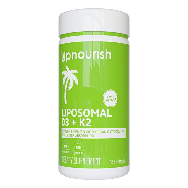 UpNourish Liposomal D3 & K2 MK-7, Advanced Absorption for Optimal Bone and Immune Health, Supplies 5000 IU 125 mcg Vitamin D3 and 100 mcg Vitamin k2 with Organic Coconut Oil, 365 Mini softgels