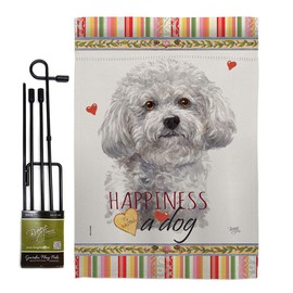 Breeze Decor Bichon Frise Happiness Flag Garden Stake Banner Pole Stand Set Outdoor Tapestry Door Sign Porch Yard Home Wall Poster Cemetery Lawn, Dog Decorations Gifts Made in USA
