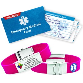 Autism Medical Alert Bracelet for Kids & Adults - Emergency ID Card Included - Nonverbal/Special Needs Safety ID - Waterproof Silicone Band - Engraved Medical Symbol, Adjustable & Durable - Pink