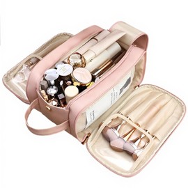 Large Capacity Makeup Bag Portable Travel Cosmetic Bag, Makeup Bag for Women, Waterproof Travel Cosmetic Organizer, Open Flat Toiletry Bag with Free-Standing Brush Holder Divider and Handle,Pink
