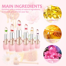 Crystal Jelly Flower Lipstick Set,6 Pcs Flower Jelly Color Changing Lipstick Temperature Color Change Lip Balm Long Lasting Nutritious Moisturizer Lipstick PH Jelly Clear Lip Balm