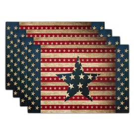 4th of July Linen Placemats Set of 4 Independence Day Patriotic American Flag Star Non Slip Heat-Resistant Washable Wipeable Table Place Mat Tablemat for Kitchen Dining Table Home Decoration 12" x 18"