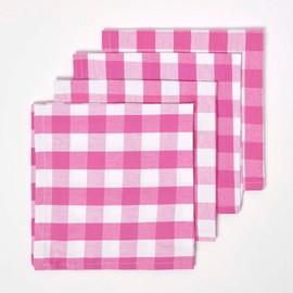 HOMESCAPES Set of 4 Pink Gingham Napkins Block Check Pattern 100% Cotton Napkins 45 x 45 cm (18” x 18”) with Pink and White Checkered Design