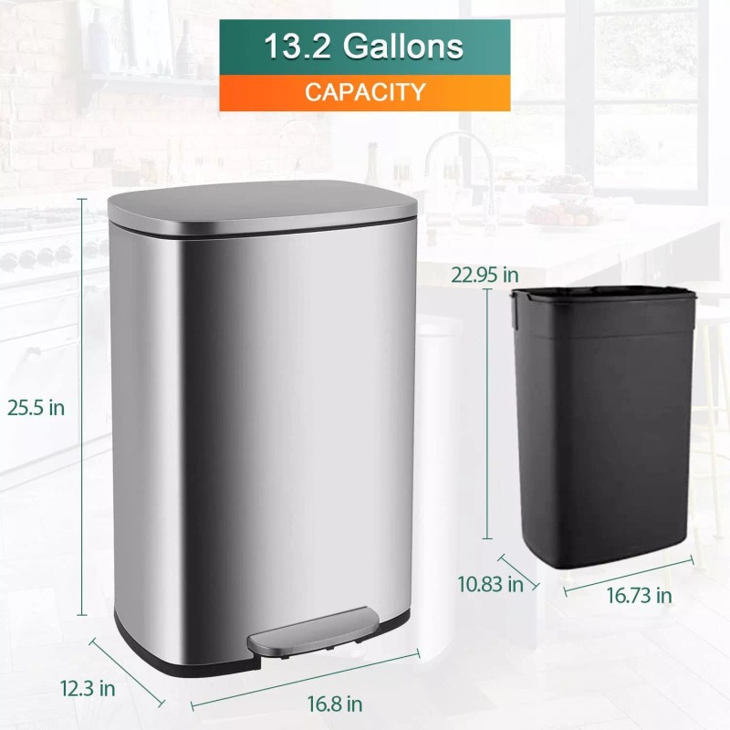 FDW 13 Gallon/50 Liter Trash Can with Lid Step, Fingerprint-Pr