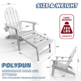 Adirondack Chair with Ottoman, Folding Adirondack Chair with Cup Holder, Weather Resistant, HDPE Pre-Assembled Outdoor Chairs for Porch, Pool, Deck, Backyard, Garden, White