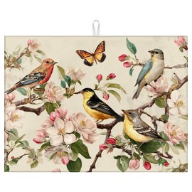 Vintage Birds Floral Branches Dish Drying Mat for Kitchen Counter Spring Flowers Absorbent Microfiber Dish Drainer Mats Reusable Washable Dishes Draining Rack Pad 18x24 Inch